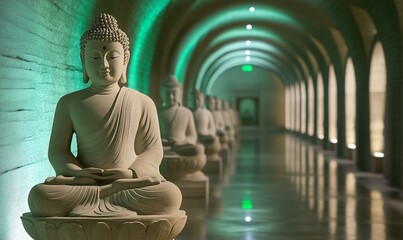 Fototapeta premium Buddha statues, Buddhist elements, the feeling of Dunhuang, a sense of predestination, concept of Buddhism, spiritual balance, mental practices tranquility, Asian tradition culture, space for text