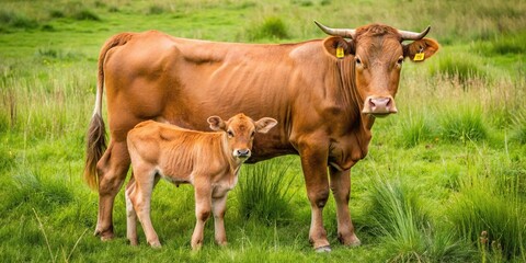 Brown cow and calf suckling in meadow high angle view