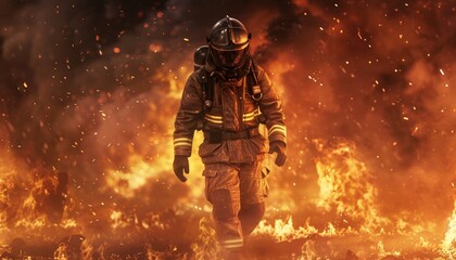 Fototapeta premium Firefighter in Full Gear Bravely Walking Through Intense Flames and Sparks, Heroic Action, Dramatic Scene