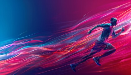 Obraz premium Dynamic Illustration of Futuristic Runner with Flowing Lines, Vibrant Colors, Motion, Background with Copy Space