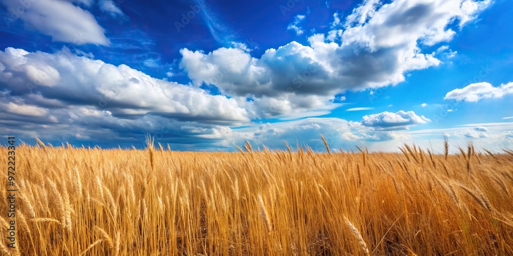 Wall mural brown grass in field against blue cloudy sky