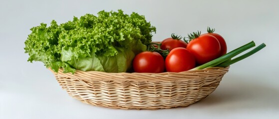 Close up photo of a basket of tomatos and lettuce and spring onion