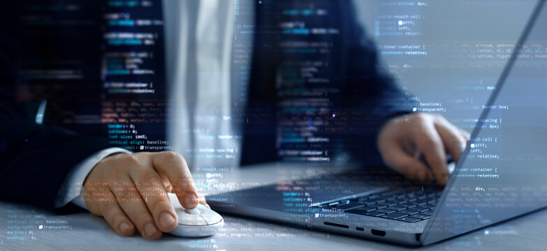 Programmer working on javascript computer code. System engineer and programming digital development. IT operations concept. Agile programming and DevOps technology. Software development updating.