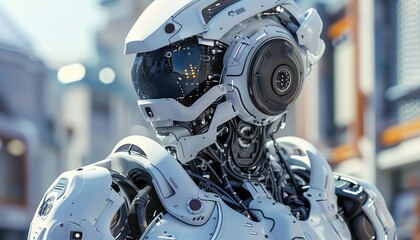 Fototapeta premium Advanced Humanoid Robot Exhibiting Bionic Technology, Artificial Intelligence Capabilities, Futuristic Scene