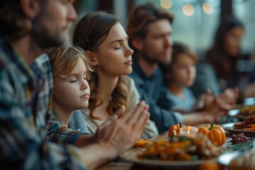 Detailed image of a family praying before a meal at a church potluck ultra-clear image