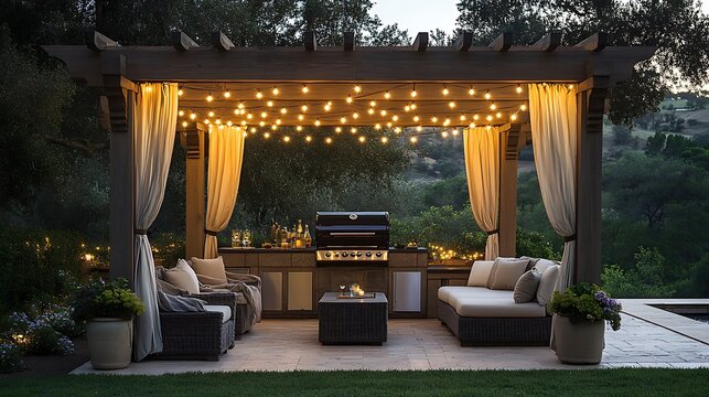 A luxurious pergola BBQ patio with string lights hanging from wooden beams, flowing curtains, and a modern grill, creating a cozy outdoor retreat with comfortable seating as the sun sets.