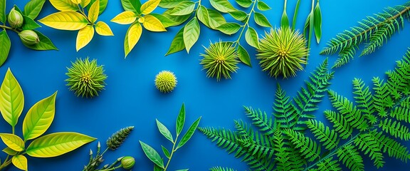 A vibrant collection of green and yellow leaves, ferns, and seed pods arranged artistically on a bright blue background