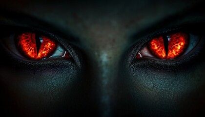 Two Vibrant Red Female Devil Eyes with Intense Stare Glowing in Darkness