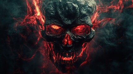 A dark, ominous skull with glowing red eyes surrounded by swirling smoke.