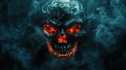 A menacing skull surrounded by smoky effects and glowing eyes, evoking a dark, eerie atmosphere.