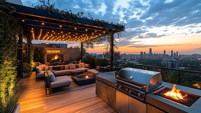A luxurious rooftop BBQ area with a sleek grill, stylish furniture, a fire pit, and a pergola adorned with string lights, all framed by a stunning view of the city at twilight.  --ar 16:9 --no logo