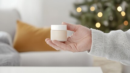 The hand of an older man tenderly holds a moisturizer jar, symbolizing self-care and elegance in a cozy home setting