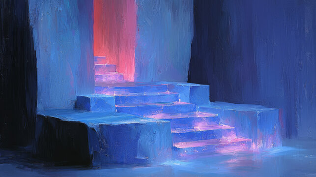 A set of blue steps lead to a glowing pink doorway.