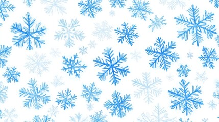 A pattern of blue snowflakes on a white background, ideal for winter-themed designs.