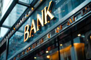 Illuminated bank sign on a modern building facade in a financial district, symbolizing banking and finance.