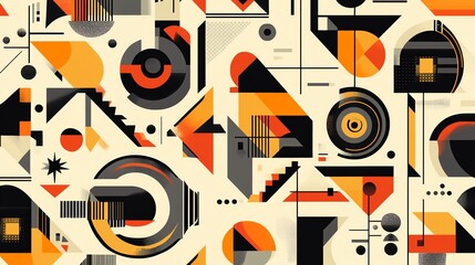 Obraz premium Abstract geometric pattern with overlapping shapes in orange, black, and white.
