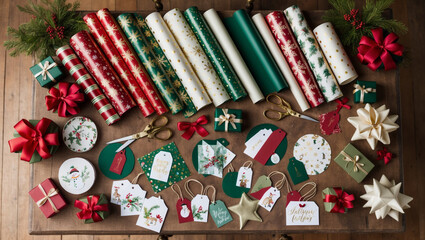 A top-down view of a beautifully arranged holiday gift wrap station, with wrapping paper, ribbons, scissors, and gift tags scattered around