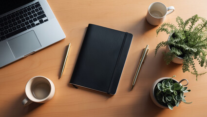 A flat lay of office essentials including a laptop, notebook, pen, coffee mug, and a plant, neatly arranged on a wooden desk for a productive workspace vibe