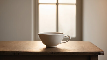 A single white coffee cup on a plain wooden table with soft morning light streaming in from the window, creating a minimalist, calm atmosphere