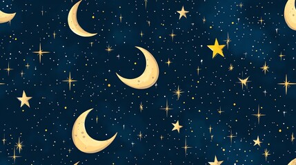 Naklejka premium Seamless pattern of crescent moons and gold stars on a dark blue background.