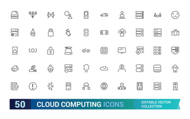 Set of line icons related to cloud computing, cloud services, digital transformation. server, cyber security and more, Outline icons collection. Editable stroke.