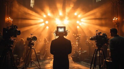 A silhouetted figure with a monitor head amid film cameras and lights.