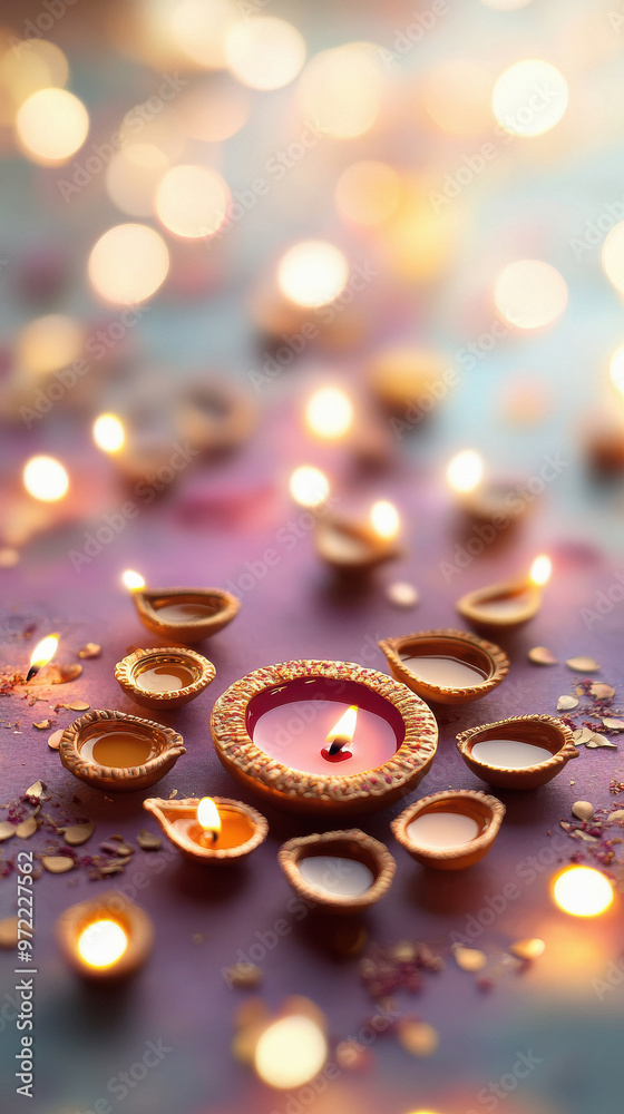 Wall mural diya and lights for diwali festival on blurred background