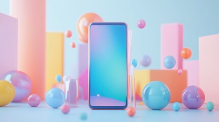Trendy pink phone mockup with UX/UI elements creatively spilling out in a stylish soft tint environment, showcasing digital shopping features and contemporary design