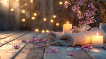 A  relaxing spa scene with candles, towels, and flowers on a wooden background.
