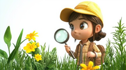 A 3D cartoon school girl examines plants with a magnifying glass on white background