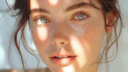 Radiant Elegance, a beautiful young woman with luminous, smooth skin, her face framed by soft, flowing hair, exuding grace and charm in a serene, enchanting setting.