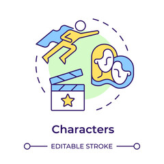 Characters multi color concept icon. Film story, storytelling. Narrative, protagonist. Round shape line illustration. Abstract idea. Graphic design. Easy to use in infographic, presentation