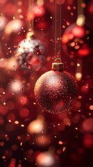 Obraz premium falling golden and silver glittering Christmas bauble, confetti flying around