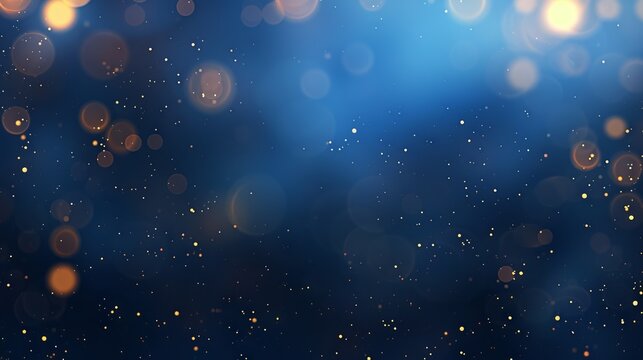 Abstract blurred bokeh lights on dark blue background - festive Christmas and new year holiday template with glittering defocused stars and sparkling effects