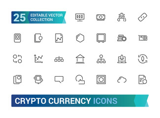 Crypto currency blockchain icons collections, isolated on outline icons set, Bitcoin, Dash, Dogecoin, Ethereum, Monero, Ripple and more, Linear icon collection. Editable stroke.