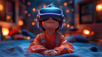 A cheerful boy enjoys an exciting virtual reality experience in a modern room filled with vibrant neon lighting and a fun, 3d cartoon character