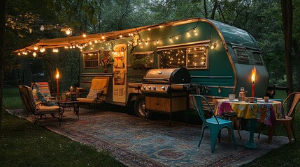 Obraz premium A quirky vintage BBQ area featuring a restored trailer, retro-style grill, and string lights, with fun decor like tiki torches, mismatched chairs, and vibrant tablecloths, creating a relaxed,