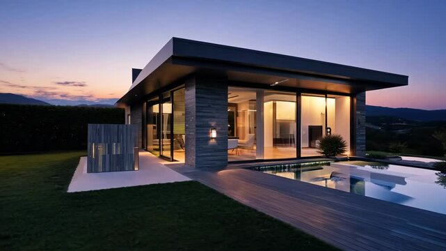 Modern modular private townhouse. Residential minimalist architecture exterior. Sleek lines and open spaces define this modern modular townhouse exterior.