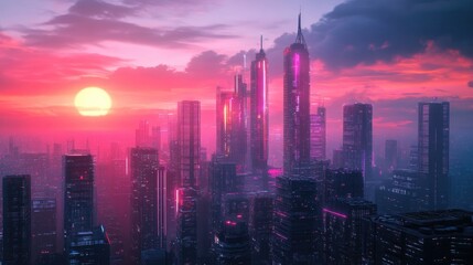 Fototapeta premium A futuristic city skyline at sunset, with glowing neon lights and a hazy atmosphere.