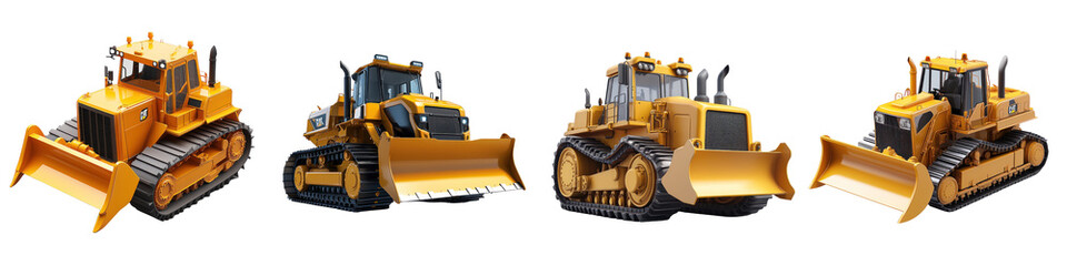 3D icon of a bulldozer with detailed treads and a large blade, on a transparent background.