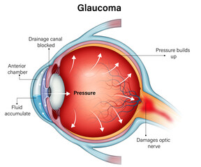 "Detailed Vector Illustration of Glaucoma Eye Pathology: Cornea, Iris, Ciliary Body, and Optic
Nerve with Anatomical Labels