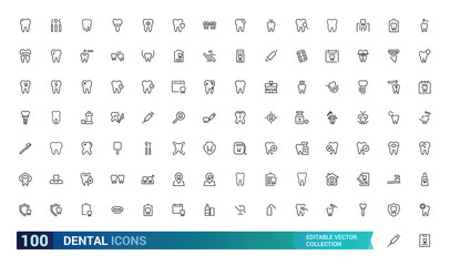 Dental editable stroke outline Icons set. Dentist, care, disease, teeth whitening, removal, broken, root canal, tooth filling and wisdom teeth. Linear icon collection. Vector illustration