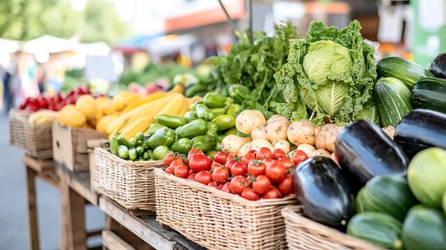 A lively agricultural fair with vibrant street market stalls displaying an array of fresh produce, crafts, and local delicacies