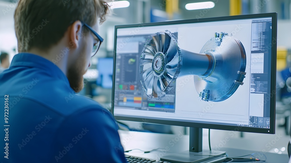 Fototapete Engineer working on 3D turbine model on computer screen