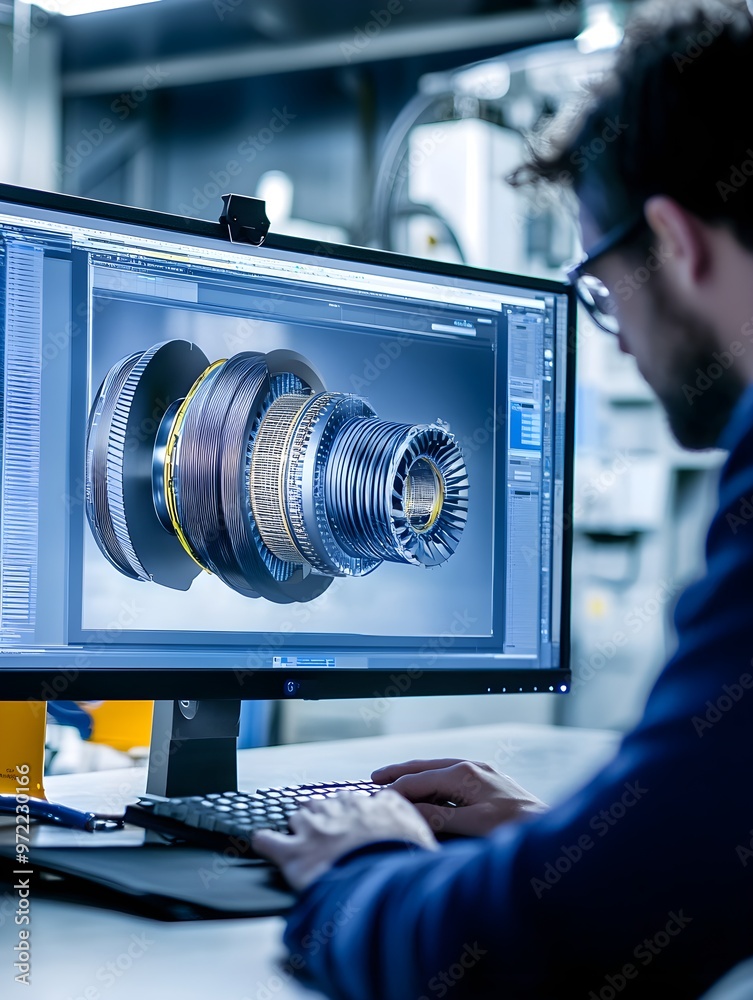 Poster engineer working on 3d turbine model on computer screen