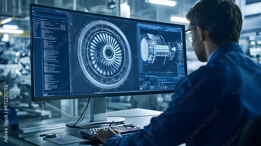 Poster engineer working on 3d turbine model on computer screen