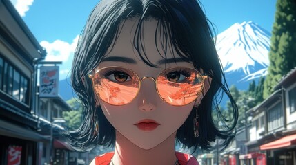 A cute girl with black hair in sunglasses features a retro anime style, set against a stunning urban backdrop.