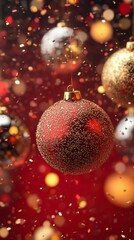 falling golden and silver glittering Christmas bauble, confetti flying around