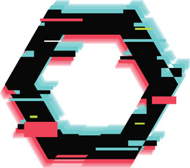 Black hexagon with pink and blue offset, glitch effect on white background