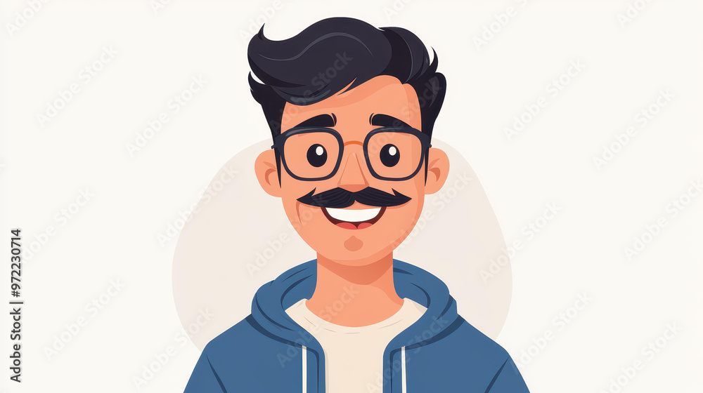 Poster a fun, colorful d illustration depicting a happy man with a stylish do, mustache, and glasses, on a 